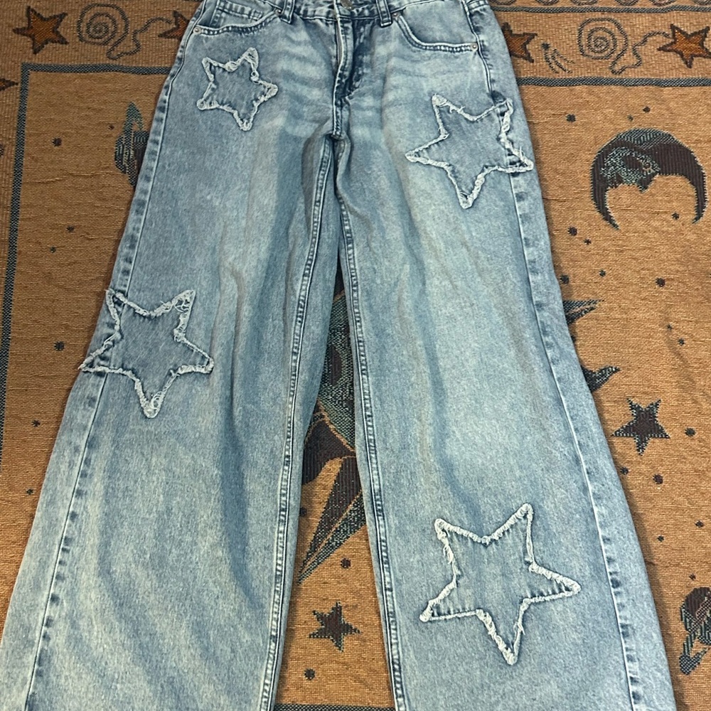 Star Embellished Wide Leg Jeans in Light Blue